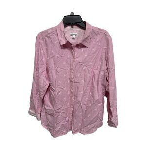 Croft & Barrow Baby Pink Dragonfly Button Up Collared Long Sleeve Size XL